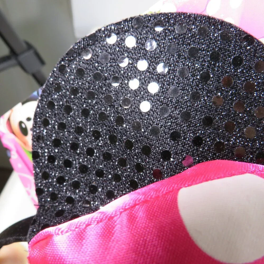 Minnie Mouse headband with sequins fabric ears, satin puffy pink polka dot bow